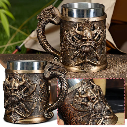 600ML Medieval Valhalla Viking Stainless Steel Nordic Viking Barrel Dragon Boat Warrior Horn Skull Beer Mug Beer Coffee Cup