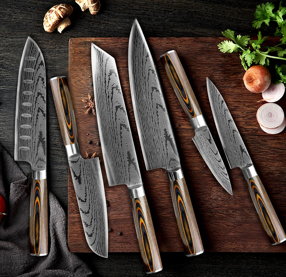 Kitchen Knife Set Professional Chef Knife 7CR17 Germany Stainless Steel Damascus Laser Meat Cleaver Slicing Santoku Cutter Tools