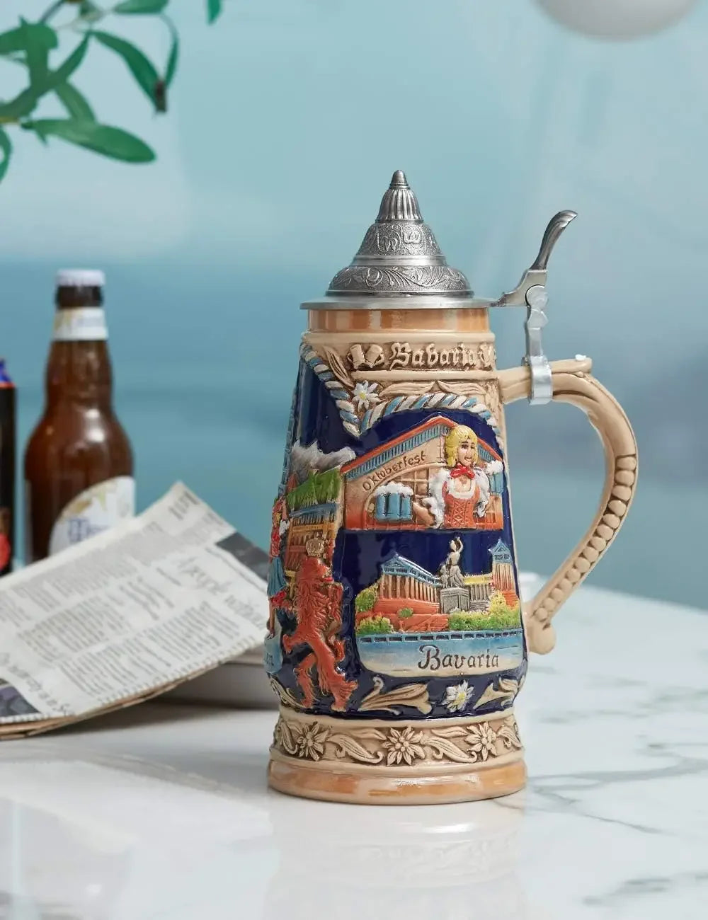 Beer Stein Mug German Munich Bavarian Viking Tankard with Petwer Lid Drinking Cups for Men's Gifts Big Capacity 1000ml