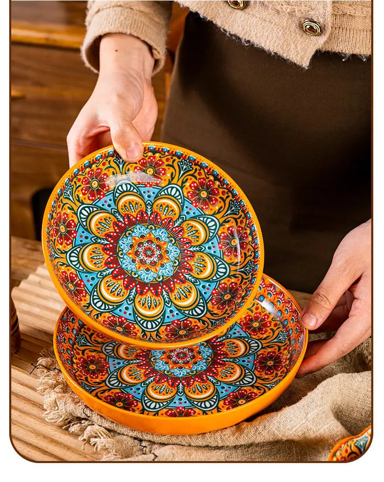 Bohemia Ceramic Rice Bowl Serving Plate Creative Ceramic Cutlery Soup Noodle Bowl Household Handle Bowl Sauce Dish