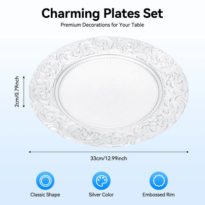 100 Pcs Silver Round Charger Plates Set, Reusable Serving Plates Disposable Platters for Wedding Party Banquets Picnics