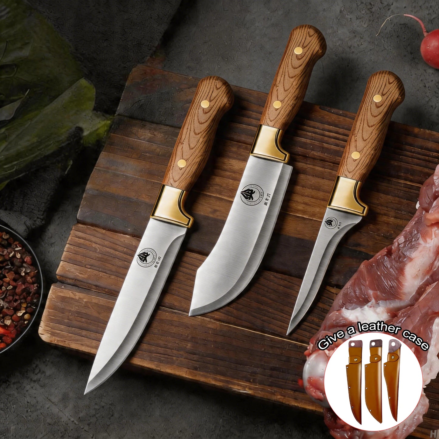 1/3 set kitchen butcher knife set, with leather sheath, stainless steel bone remover, kitchen knife for cutting meat and cooking