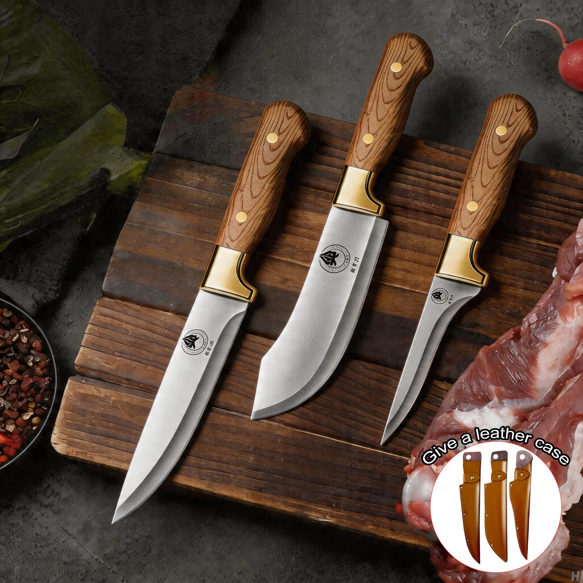 1/3 set kitchen butcher knife set, with leather sheath, stainless steel bone remover, kitchen knife for cutting meat and cooking