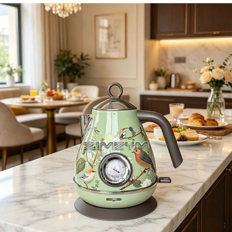 1.7L Light Luxury Decal Electric Kettle Green Vintage Floral Bird Kettle Mechanical Thermometer Boil Dry Protection
