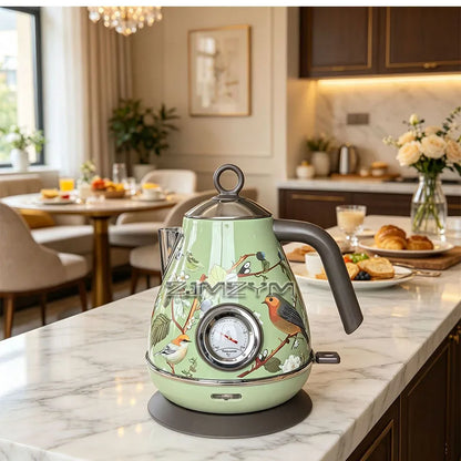 1.7L Light Luxury Decal Electric Kettle Green Vintage Floral Bird Kettle Mechanical Thermometer Boil Dry Protection