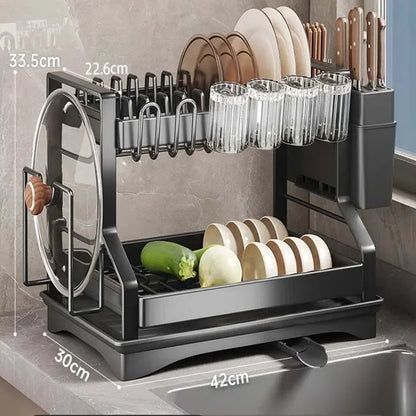 Kitchen Organizer 2 Tier Dish Drying Rack Utensils Storage Rack Bowls Knife Fork Pot Holder Countertop Dinnerware Drainboard