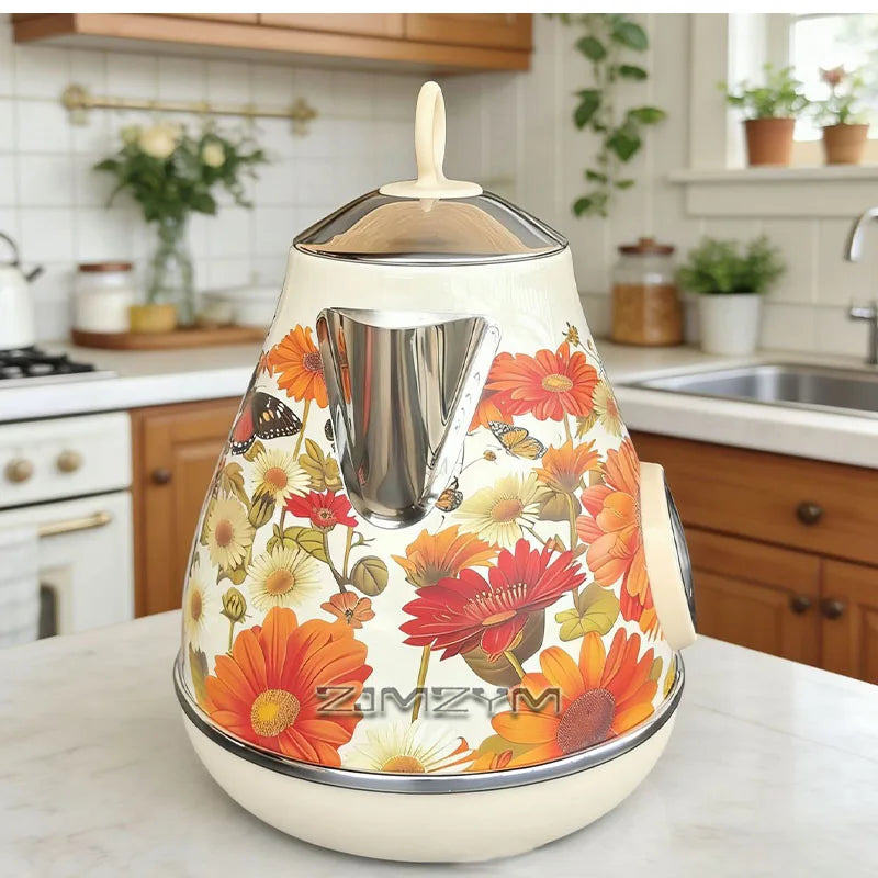 Light Luxury Cream White Floral Deca Kettle Retro Floral Butterfly Electric Kettle Temperature Display Boil Dry Protection 1.7L