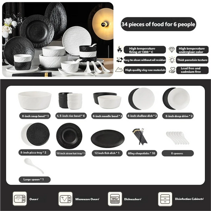 Tableware Set Black And White Rock Slab 8/16/34/55pcs Ceramics Dish Sets Full Set Luxury Dinnerware Set For 2/4/6/8/10 Persons