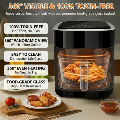 4.5 Qt Glass Air Fryer, Borosilicate Basket, Stainless Steel Tray, 8 Presets, Black