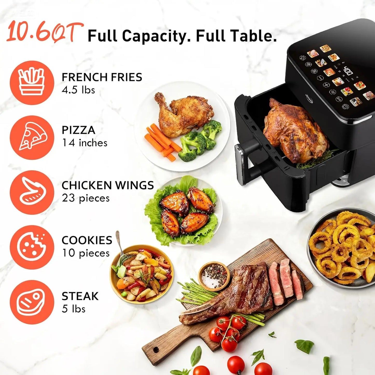 10.6QT XL Air Fryer, 9 Presets, Keep Warm, Stainless Steel, 400℉, Square Basket, Dishwasher Safe, Visible Window