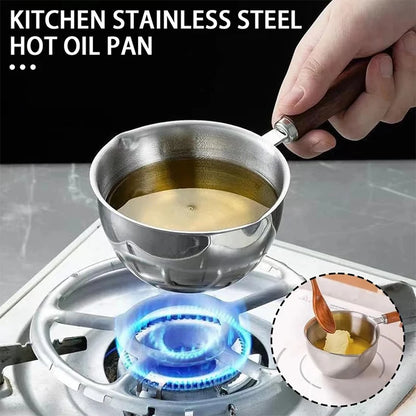 Mini Oil Pouring Pot with Wooden Handle 304 Stainless Steel Milk Pan Kitchen Butter Baking Measuring Pots for Household Cooking