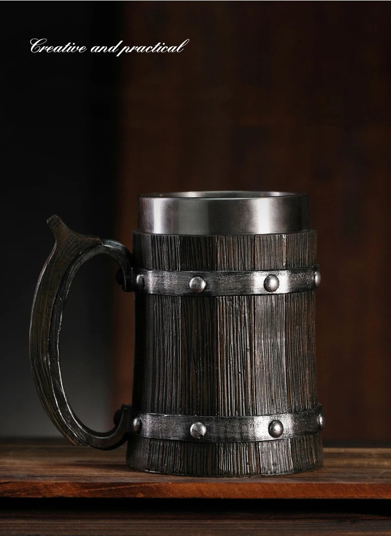 Viking Wood Style Beer Mug 3D Resin Stainless Steel Coffee Cup Wine Glass Metal Double Wall Mug Beer Jug Cup Thermal
