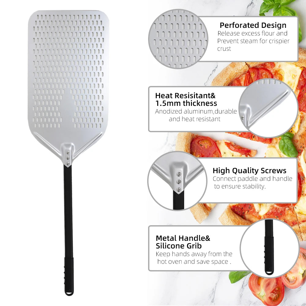 10 12 13 14 Inch Big Pizza Perforated Shovel Paddle Short/Long Handle for Oven Turning Peel Kitchen Utensils Pizza Baking Tools