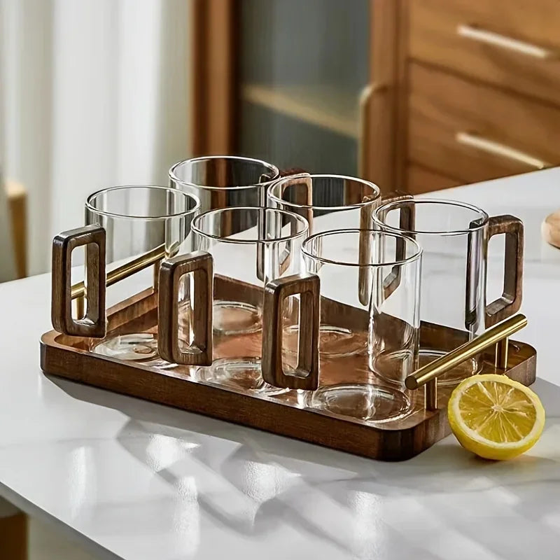 1/2pcs 400ml Glass Cups with Walnut Handle Household Heat-resistant Mug Large Capacity Tea Making Cup Office Drinking Glasses