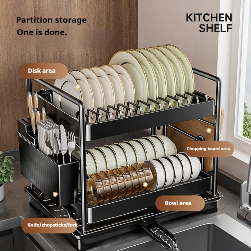 Dish Drying Rack 2-Tier Compact Kitchen Dish Rack Drainboard Set Large Rust-Proof Dish Drainer with Utensil Holder Kitchen Racks