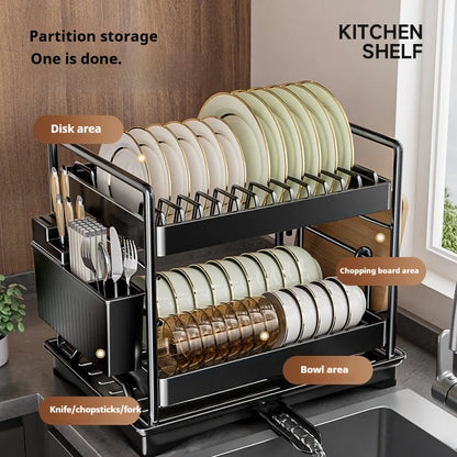 Dish Drying Rack 2-Tier Compact Kitchen Dish Rack Drainboard Set Large Rust-Proof Dish Drainer with Utensil Holder Kitchen Racks
