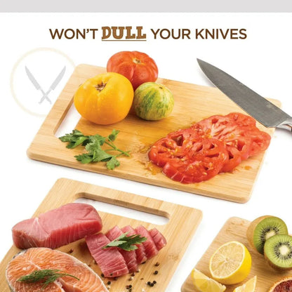 Bamboo Cutting Boards for Kitchen [Set of 3] Wood Cutting Board for Chopping Meat, Vegetables, Fruits, Cheese, Knife Friendly Serving Tray with Handles
