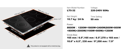 SucceBuy 2/4/5 Burners Built-in Induction Stove Top 12/24/30in Ceramic Glass Electric Cooktop For Household Commercial  Cooking