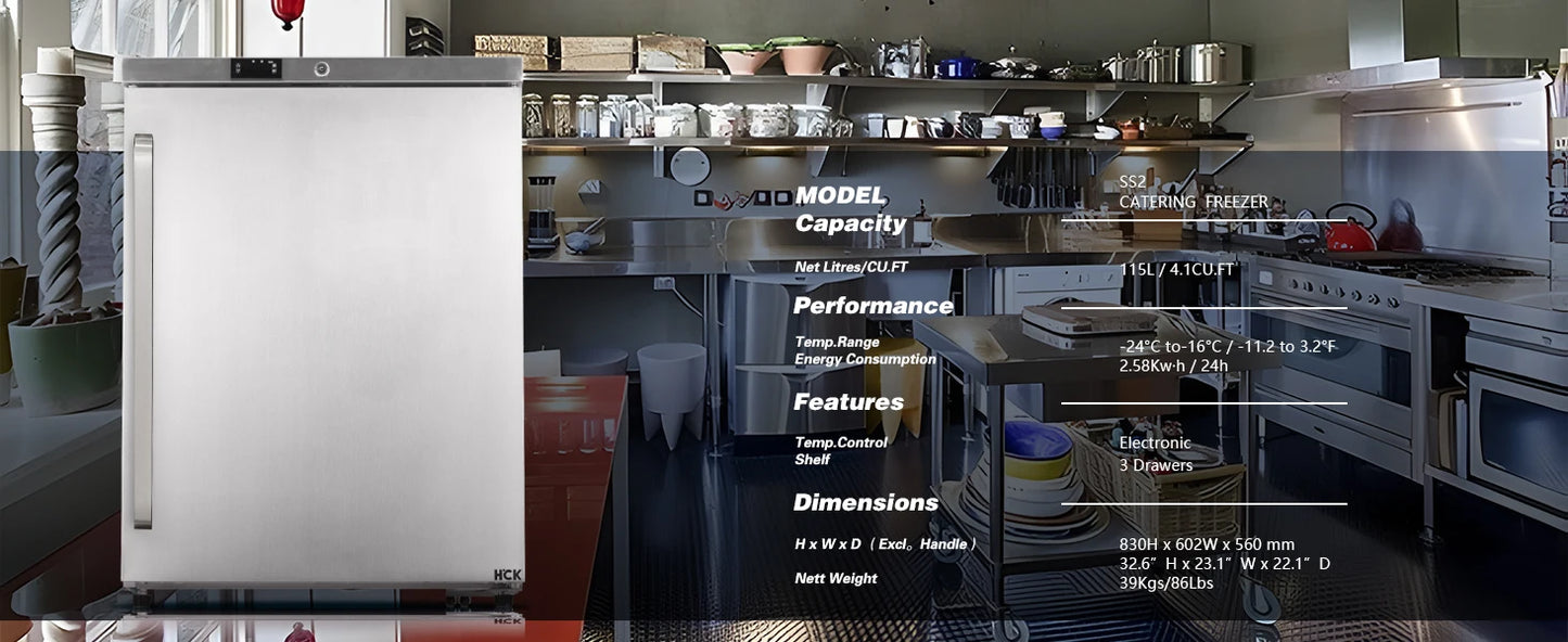 HCK Freezer, Undercounter Refrigerator with Stainless Steel Body, Electronic Temperature Control, Lockable Door, 3 Movable Baske
