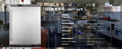 HCK Freezer, Undercounter Refrigerator with Stainless Steel Body, Electronic Temperature Control, Lockable Door, 3 Movable Baske