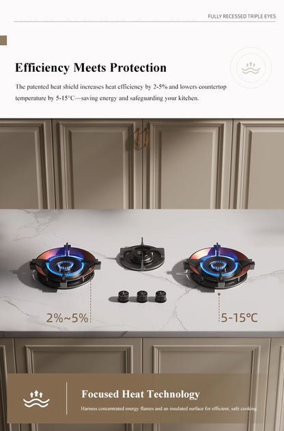 Premium Built-in Gas Cooktop 3-Burner 5.2KW Copper Flame Failure Protection Panel-Ready for Custom Kitchen