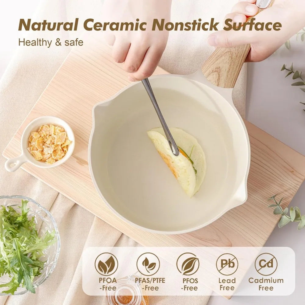 1.5 & 2.5 Quart Ceramic Sauce Pan Set with Lids, Nonstick Pour Spout Pots, Induction Compatible, PFOA/PTFE/PFAS Free