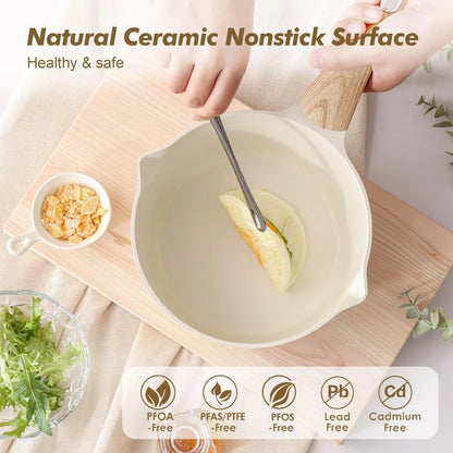 1.5 & 2.5 Quart Ceramic Sauce Pan Set with Lids, Nonstick Pour Spout Pots, Induction Compatible, PFOA/PTFE/PFAS Free