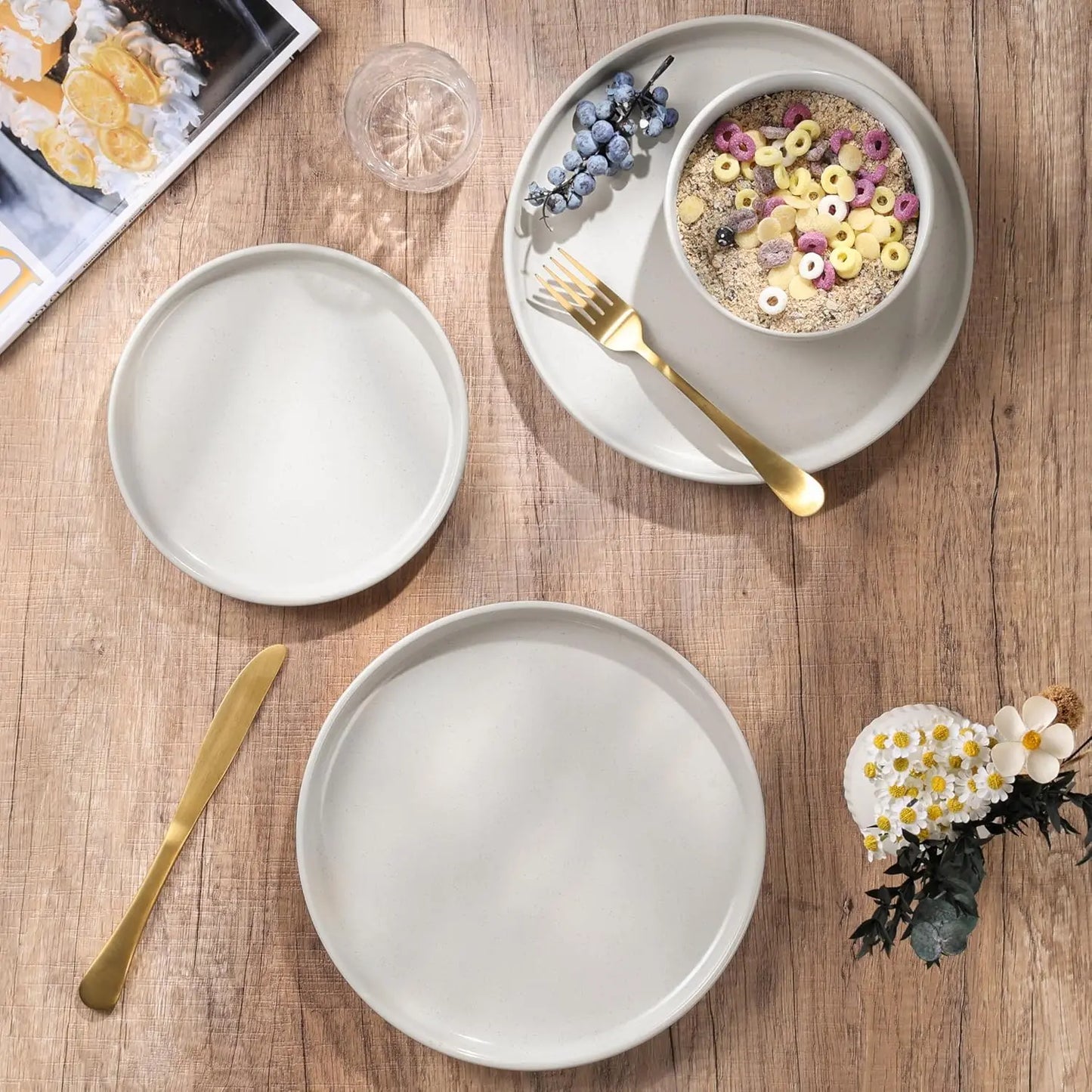 Stoneware Dinnerware Sets, 12-Piece Plates and Bowls Set for 4, Dishes Set for Home Restaurant, Speckled Milky White