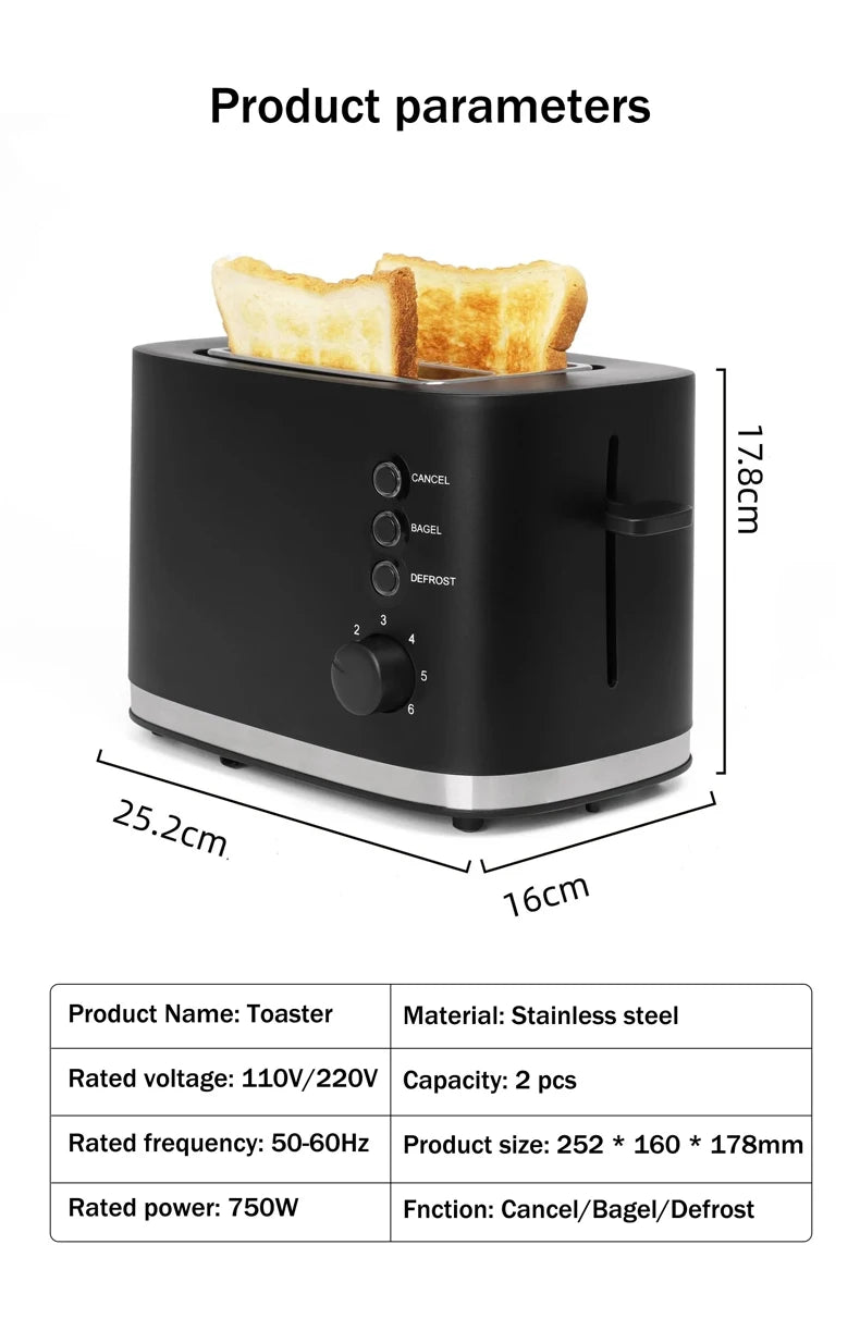 110V/220V Electric Toaster Automatic Bread Baking Machine Stainless steel Household Breakfast Toast Oven Sandwich Grill 2 Slice