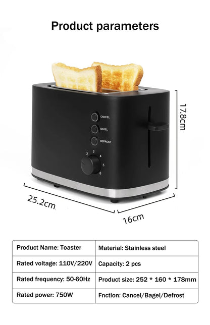 110V/220V Electric Toaster Automatic Bread Baking Machine Stainless steel Household Breakfast Toast Oven Sandwich Grill 2 Slice