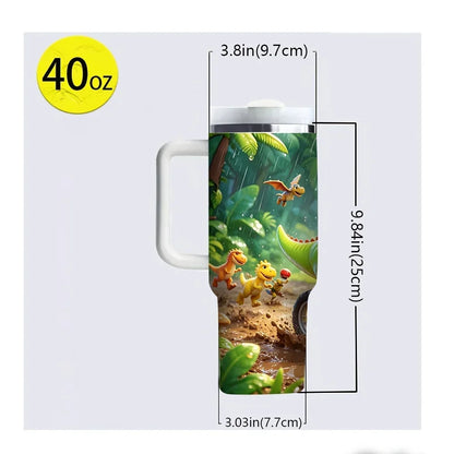 40oz Tumbler with Handle, Cute Cartoon Dinosaur Jungle Riding Print, Suitable for All Ages, Perfect for All Seasons, Great for Outdoor Activities And Fits Both Hot And Cold Drinks
