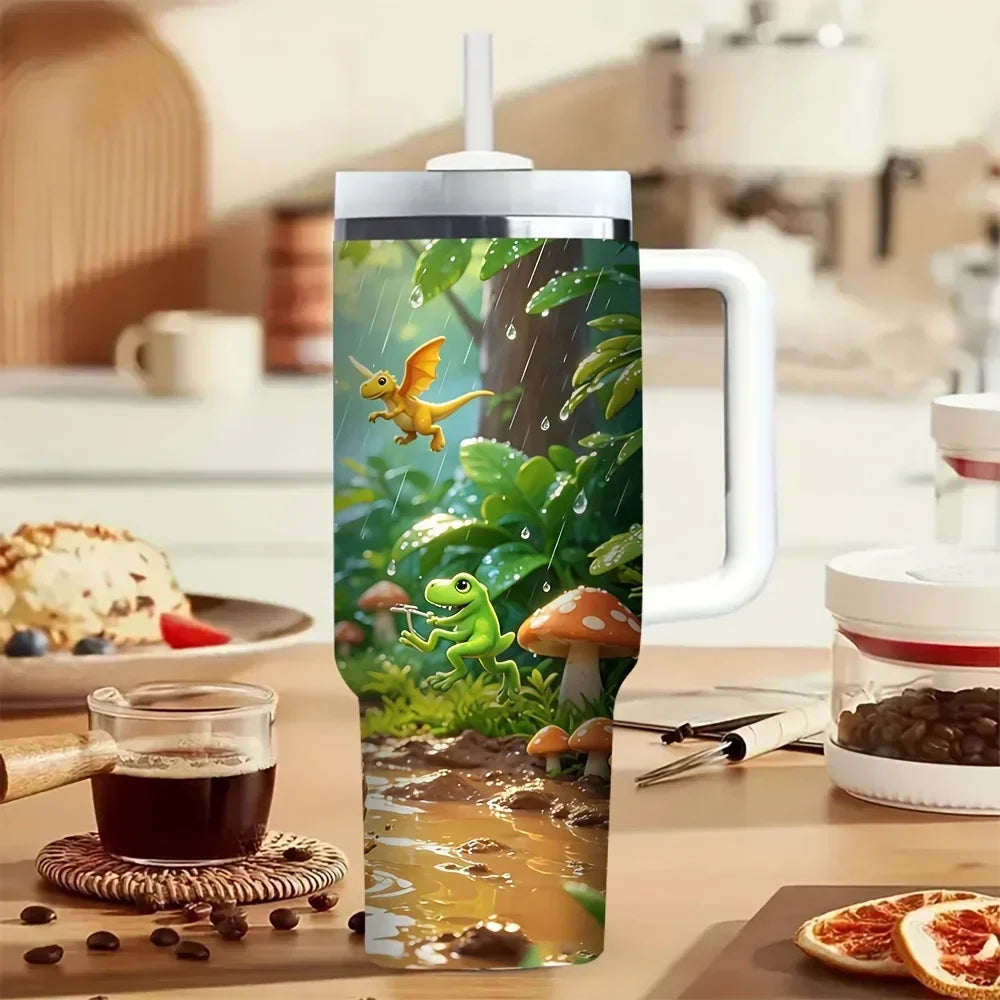 40oz Tumbler with Handle, Cute Cartoon Dinosaur Jungle Riding Print, Suitable for All Ages, Perfect for All Seasons, Great for Outdoor Activities And Fits Both Hot And Cold Drinks