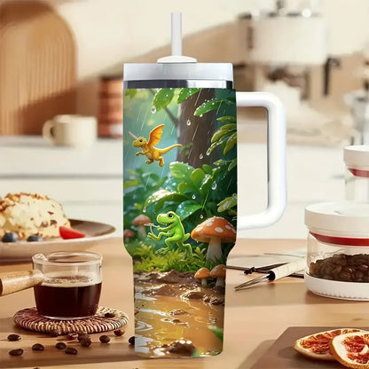 40oz Tumbler with Handle, Cute Cartoon Dinosaur Jungle Riding Print, Suitable for All Ages, Perfect for All Seasons, Great for Outdoor Activities And Fits Both Hot And Cold Drinks