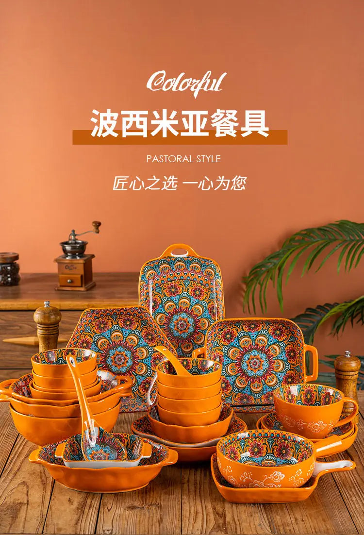Bohemia Ceramic Rice Bowl Serving Plate Creative Ceramic Cutlery Soup Noodle Bowl Household Handle Bowl Sauce Dish