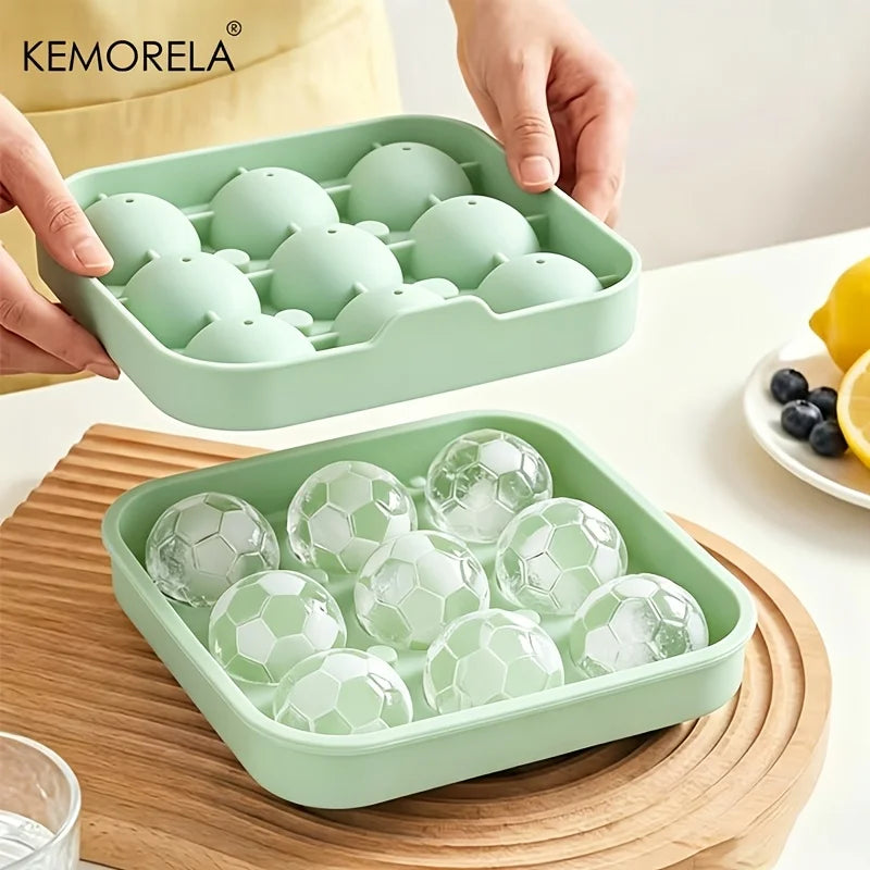 9-Hole Silicone Soccer Ball Cube of Ice Tray with Lid Round Ice Ball Mold for Whiskey for Home Bars And Sports-Themed Parties