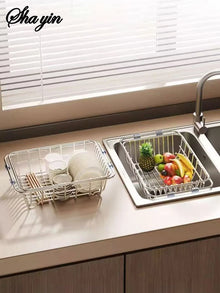 Stainless Steel Telescopic Sink Drain Rack Non-Slip Dish Drying Kitchen Bathroom Countertop Organizer Rack for Household Use