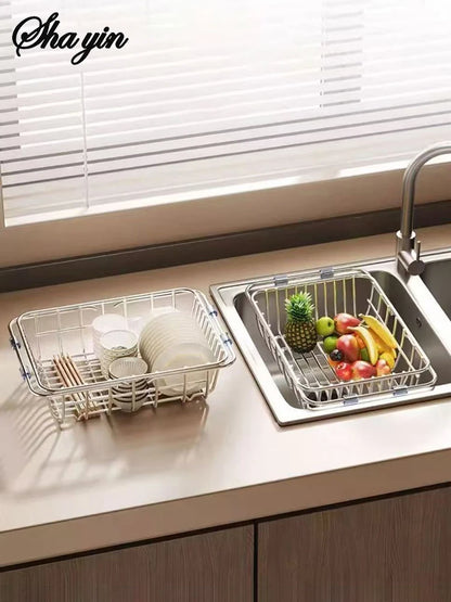 Stainless Steel Telescopic Sink Drain Rack Non-Slip Dish Drying Kitchen Bathroom Countertop Organizer Rack for Household Use