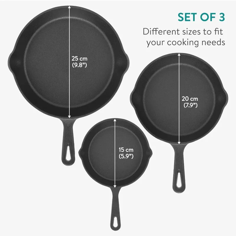 3pcs Cast Iron Skillet Set 5.9/7.8/9.8in Heavy Duty Frying Pans Nonstick Cookware Set for Frying Searing Baking Induction Ready