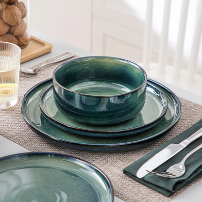 vancasso 12/18 Piece Green Reactive Glaze Dinnerware Set Scratch Resistant Stoneware Set with 4/6pcs Dinner plate/Dessert/Bowl