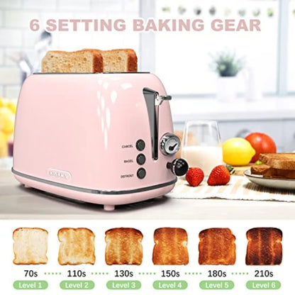 Toaster 2 sliceRetro Stainless Steel Toaster with 6 Settings 1.5 In Extra Wide Slots Bagel/Defrost/Cancel Function Removable Cr