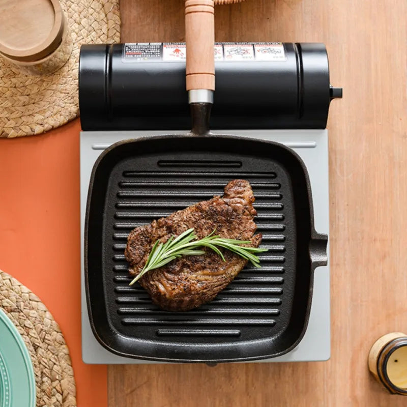 22cm 24cm Thickened Cast Iron Steak Frying Pan Non-coated Non-stick Household Stripes Frying Steak Special Pan