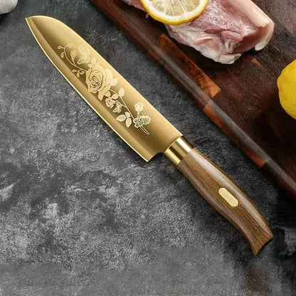 Gold Rose Pattern 4-Piece Kitchen Knife Set, Luxury Stainless Steel Chef Knives for Cooking, Sharp Professional Kitchen Tools