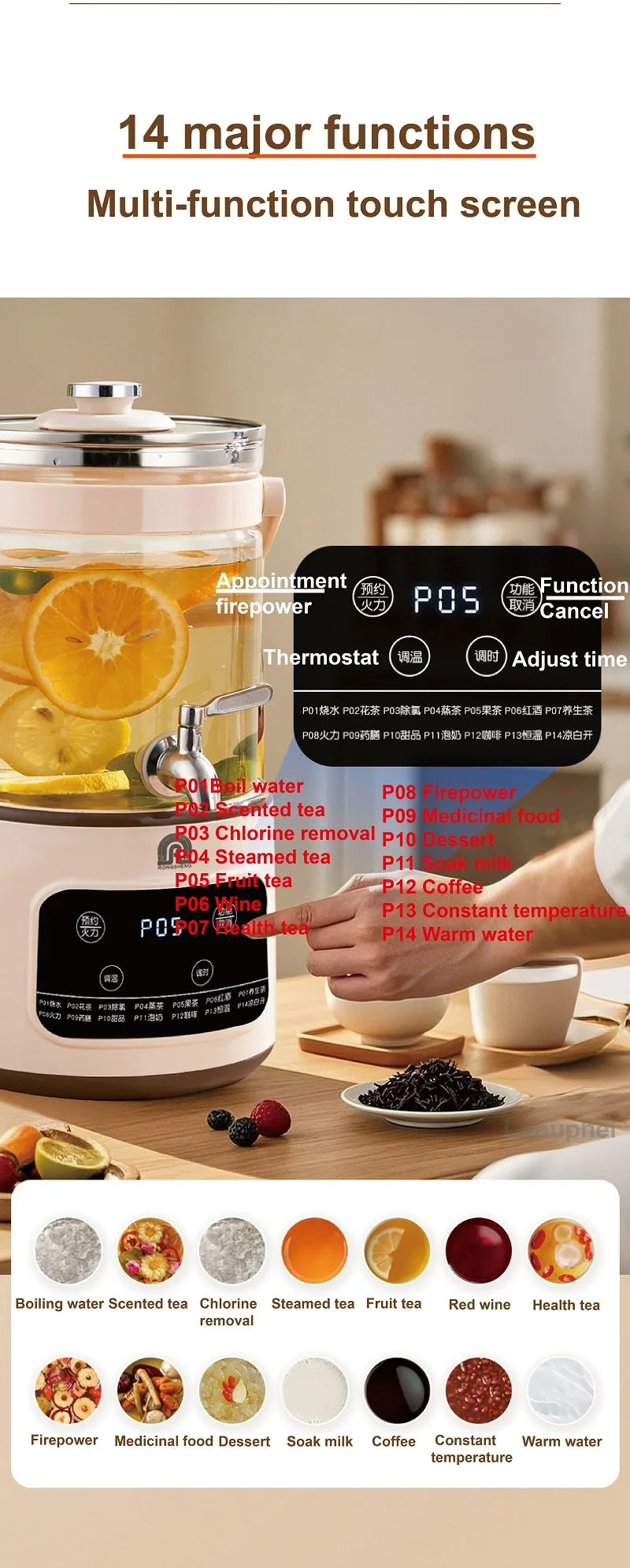 1200W/3L Home Electric Kettle Multifunctional Health Pot Glass Flower Teapot Soup Stew Pot Commercial Faucet Fruit Tea Bucket