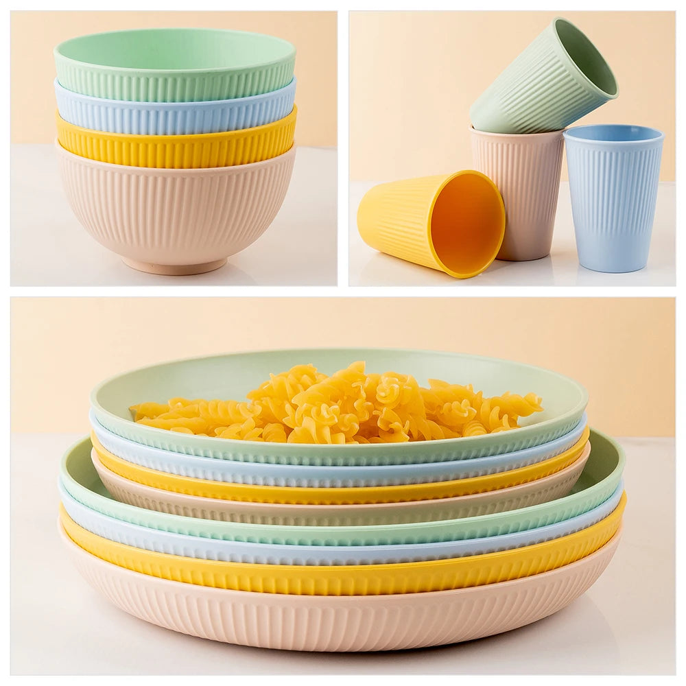4/16Pcs Grey Straw Cutlery Set Dishes Bowls Disk Water Cup Tableware Plastic Unbreakable Polypropylene Kitchen Dinnerware