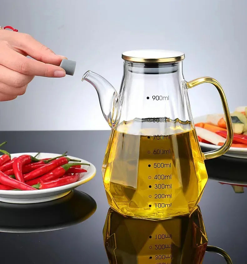 JUSTINLAU Glass Oil Pots 500/700/900ml Leak Proof Diamond Oil Bottle with Scale/Lid Kitchen Soy Sauce Vinegar Condiment Storage