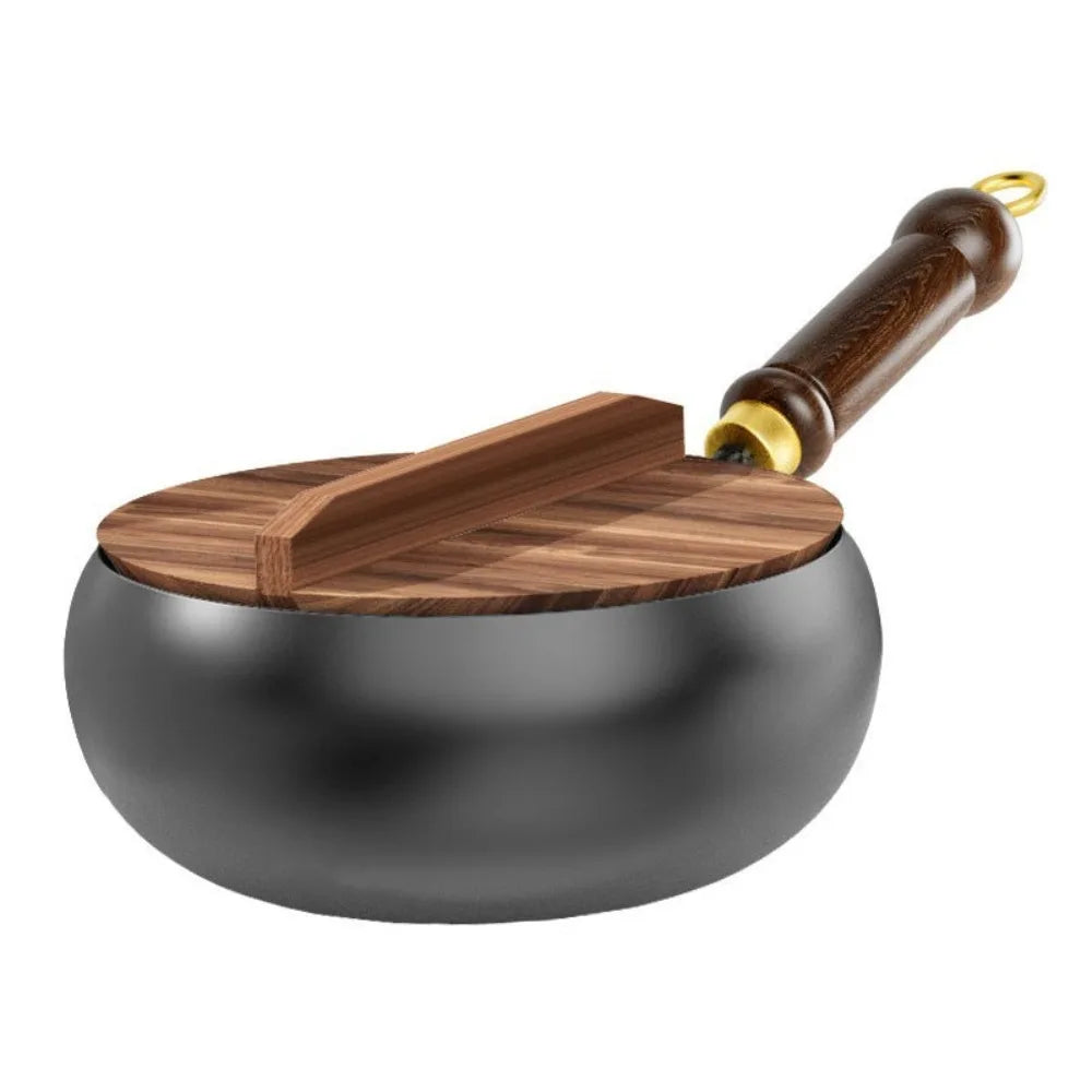 Healthy Hand Forging Cast Iron Pot NonStick Uncoated Frying Pan with Wooden Lid Chinese Wok Induction Cooker Gas