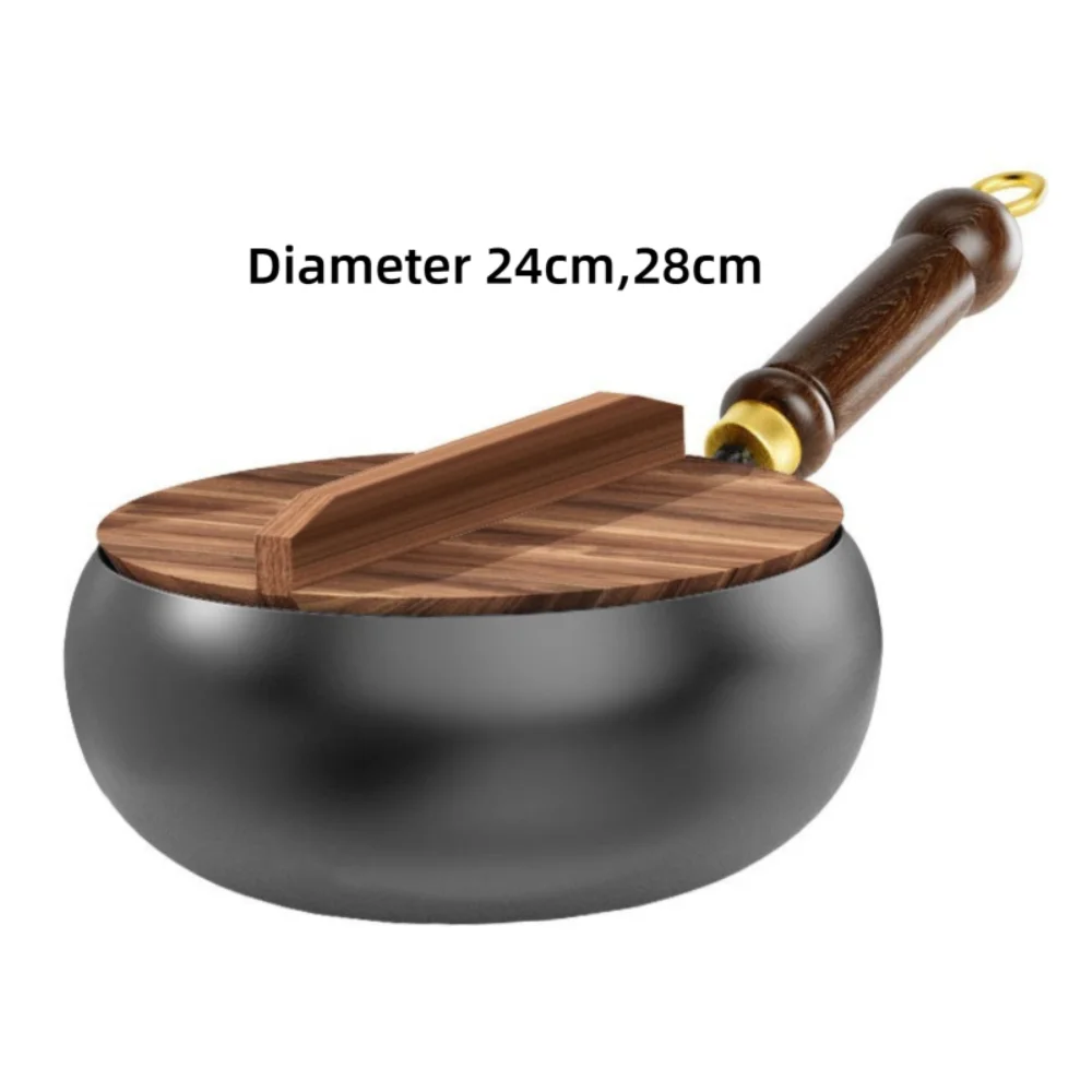 Healthy Hand Forging Cast Iron Pot NonStick Uncoated Frying Pan with Wooden Lid Chinese Wok Induction Cooker Gas