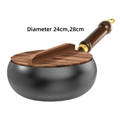 Healthy Hand Forging Cast Iron Pot NonStick Uncoated Frying Pan with Wooden Lid Chinese Wok Induction Cooker Gas