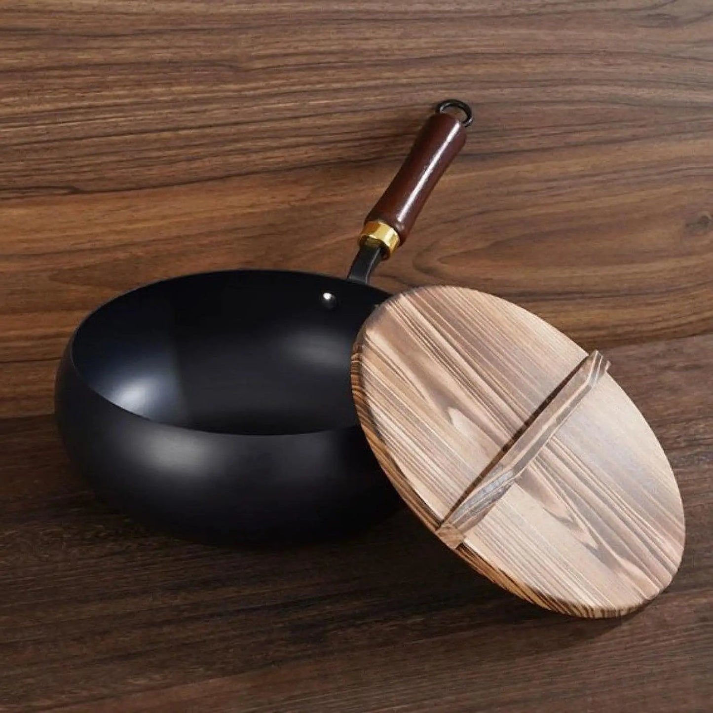 Nonstick Wok, Chinese Wok, Flat Bottom Cookware Stir Fry Pan with Wooden Lid for Kitchen Home Restaurant