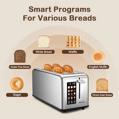 4 Slice Toaster Touch Screen 1.5" Long Slot Stainless Steel Smart Bread Toaster for Bagel Muffin Waffle Gluten Free Breads Time